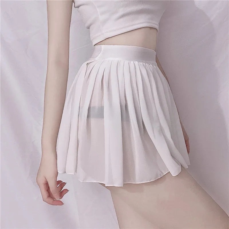 FREEAUCE Elastic See Through A-Line Pleated Mini Skirts Solid Black Sexy Long High Waisted White Lace Short Skirt for Women
