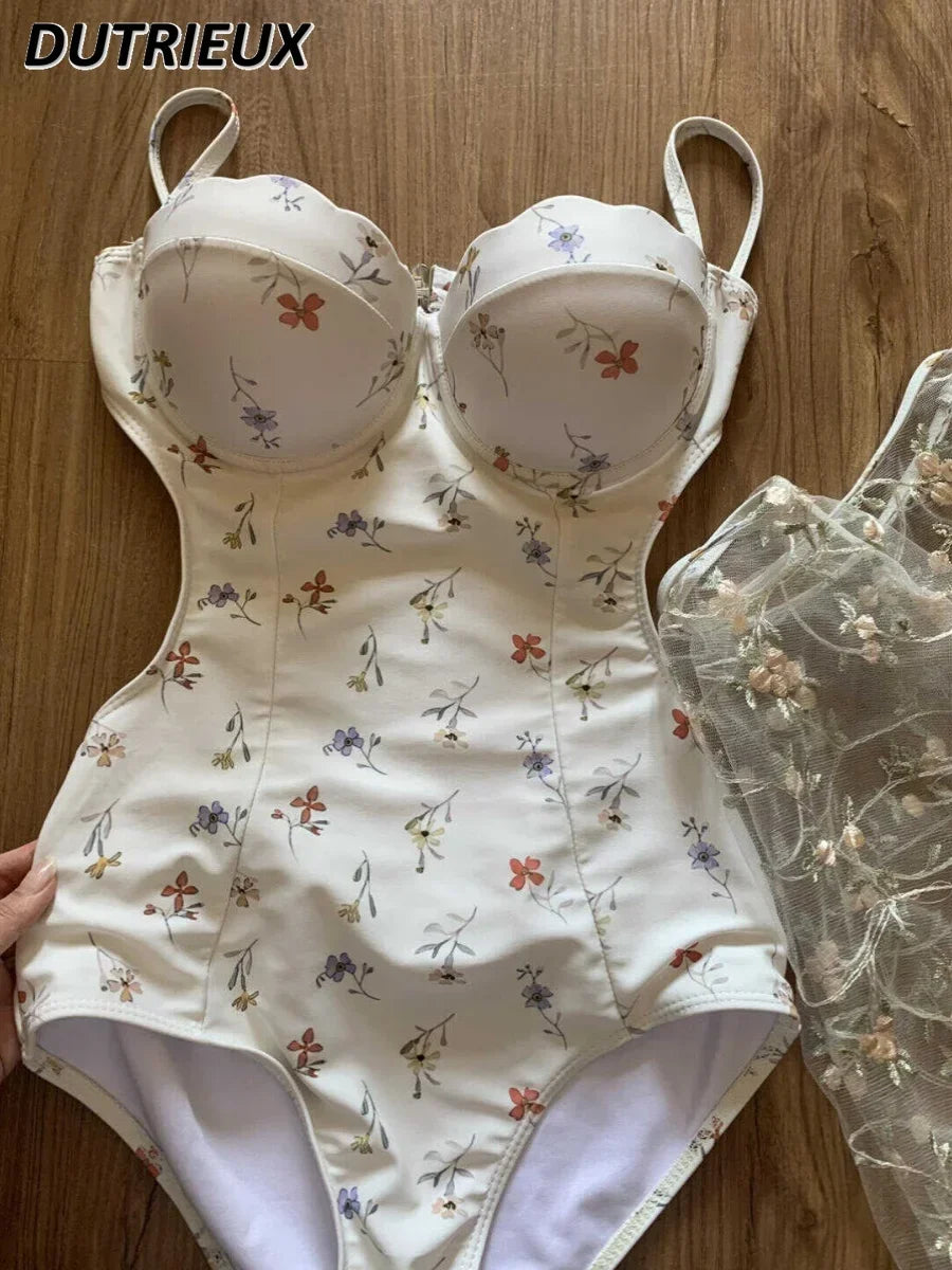 Summer Seaside Holiday Print Swimwear Shoulder Straps Backless Sexy Hot Spring Ins Style Slimming French One Piece Swimsuit