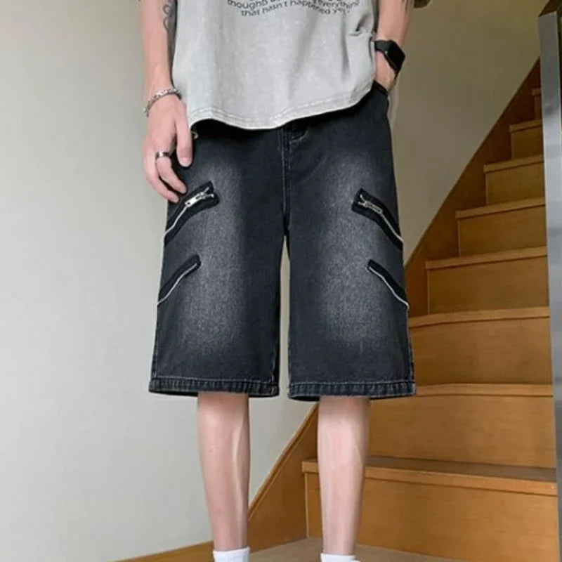 With Pockets Loose Bermuda Half Baggy Man Denim Shorts Long Wide Short Jeans Pants for Men Trend 2025 Harajuku Designer Blue Emo