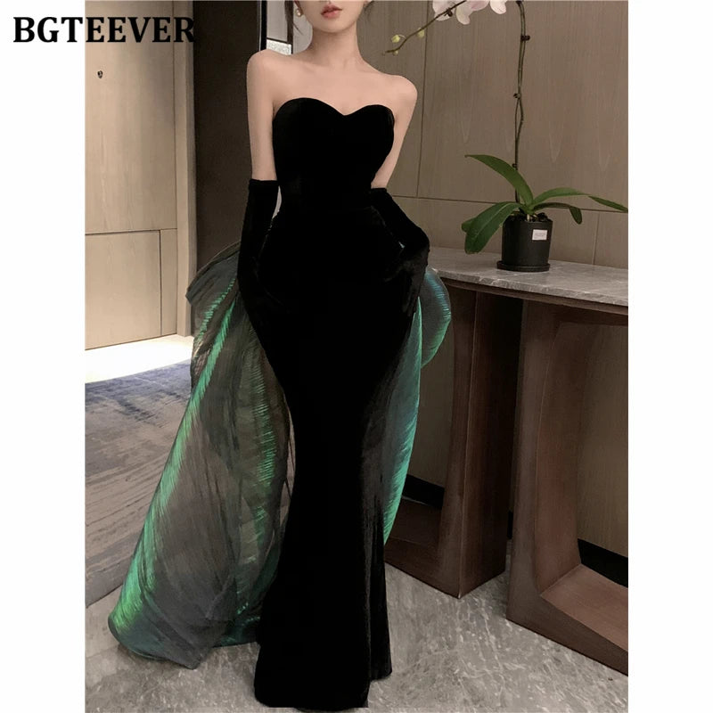 BGTEEVER Fashion Spring Ladies Sleeveless Party Velvet Dress Elegant Slim Waist Women Floor-Length Package Hip Strapless Dress