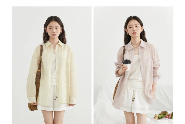 CHIC VEN New Women Shirt Retro Loose Casual Single Breasted Long Sleeve Back Slit Thin Transparent Female Blouses Summer 2025