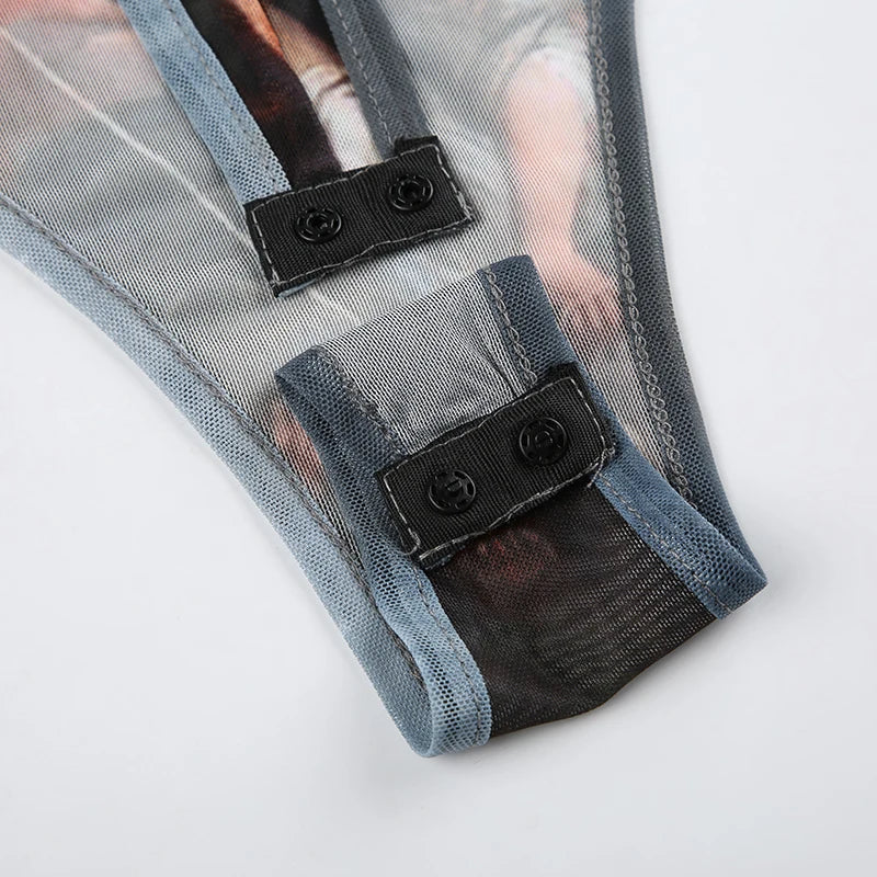 Rockmore  Vintage Printed Mesh Bodysuits Women Lace Bow Square Neck High Waist Wrapping Long Sleeve Bodysuit Halloween Christmas