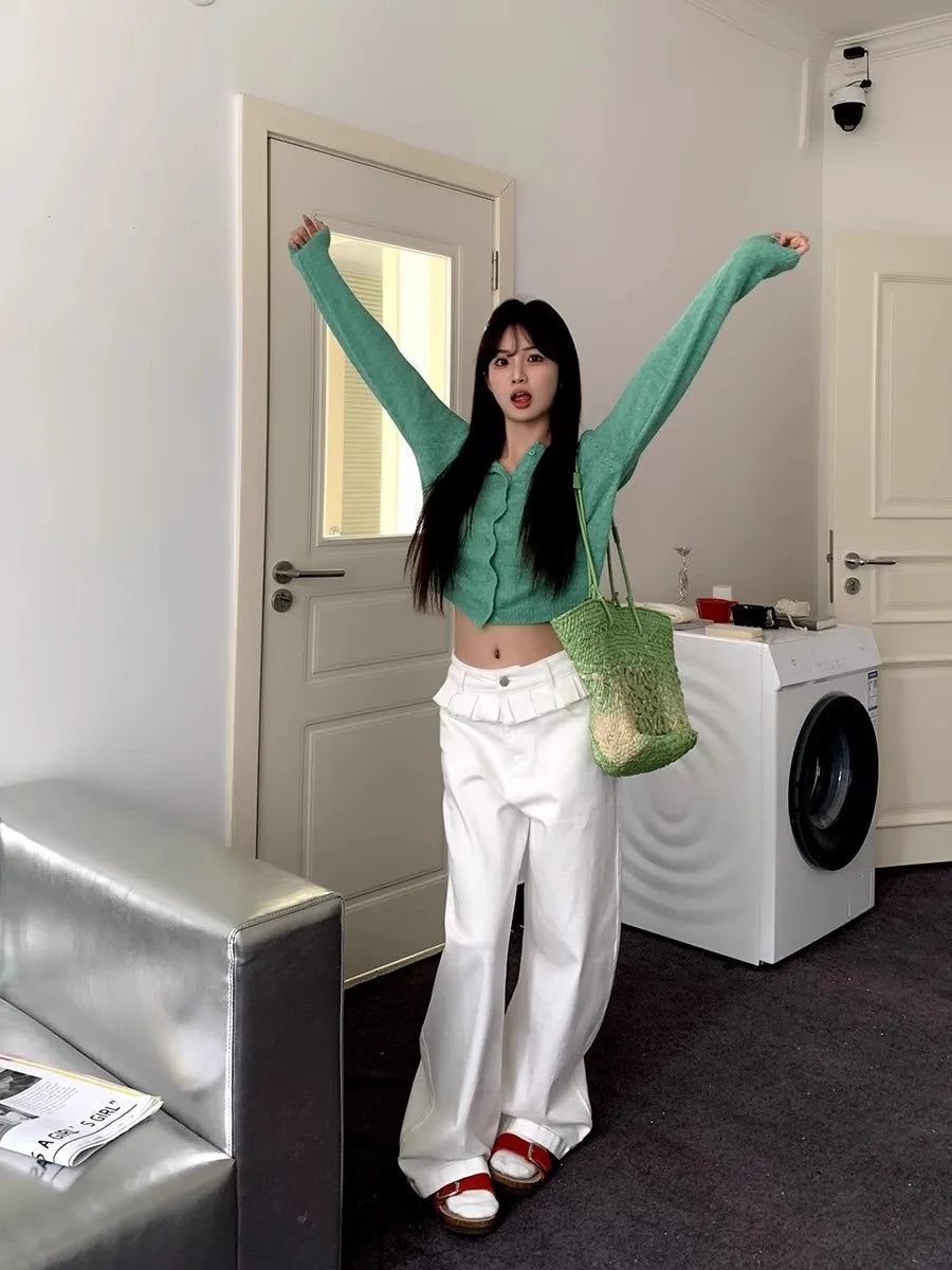 Casual Patchwork Pleated Wide Leg Pants Loose Solid High-Waisted Straight Pants Women Fashion Streetwear Lady Jeans