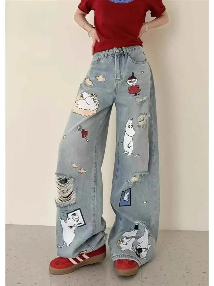 Women's Casual Sweet Ripped Harajuku Loose Fit Jeans Vintage Y2K Damage Emo Cartoon Print Pants Trashy Kpop Denim Trouser