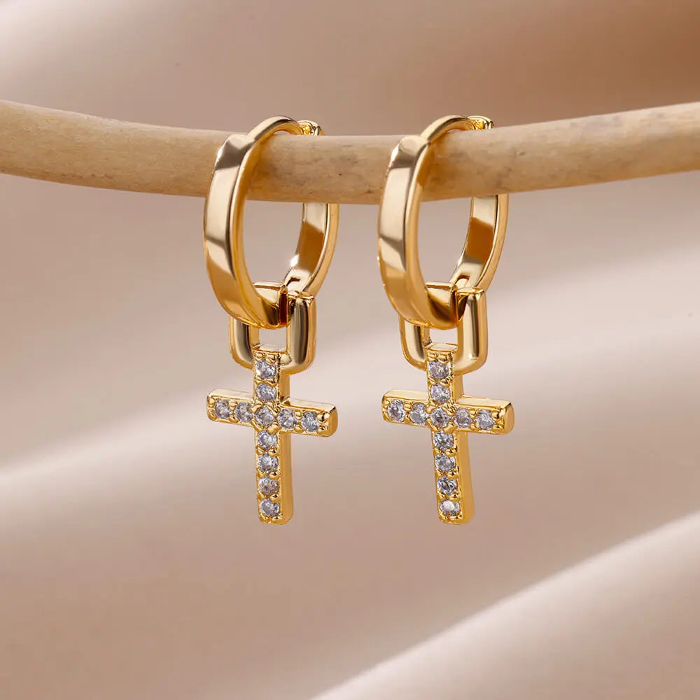 Zircon Cross Dangle Earrings For Women Girls Stainless Steel Cross Earring 2023 Trending Couple Wedding Aesthetic Jewelry aretes
