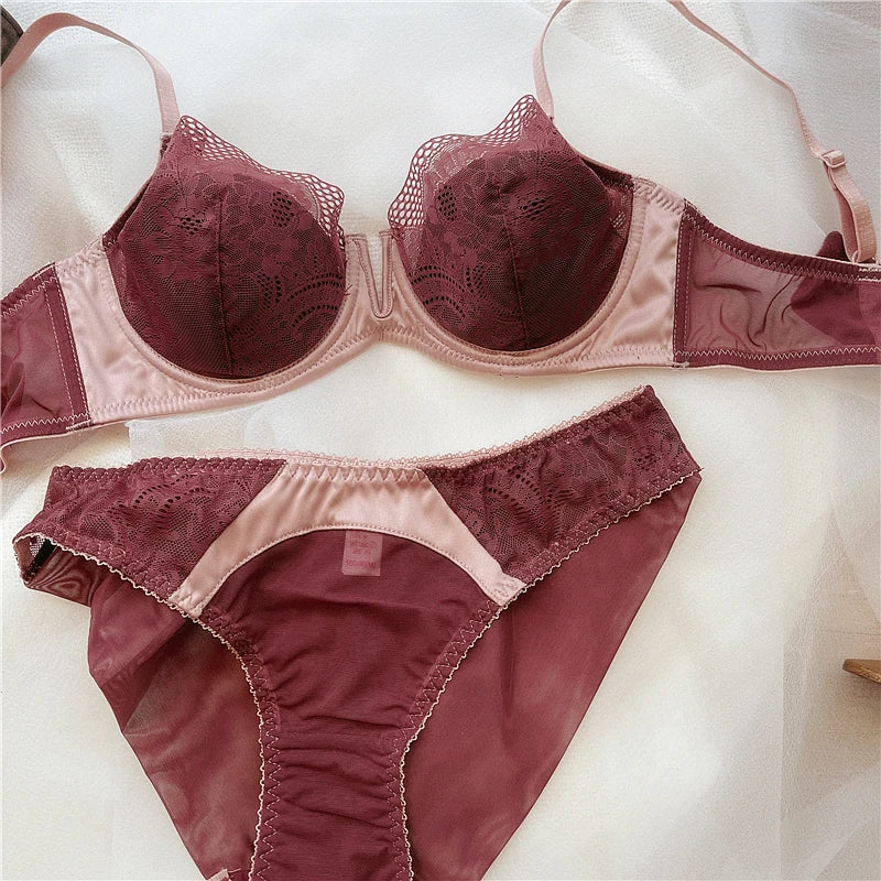 Summer Women Underwear Sexy Lace Deep V Push Up Bra Set Comfortable Underwie Bralette Female Plus Size Thin C D E Cup Lingerie
