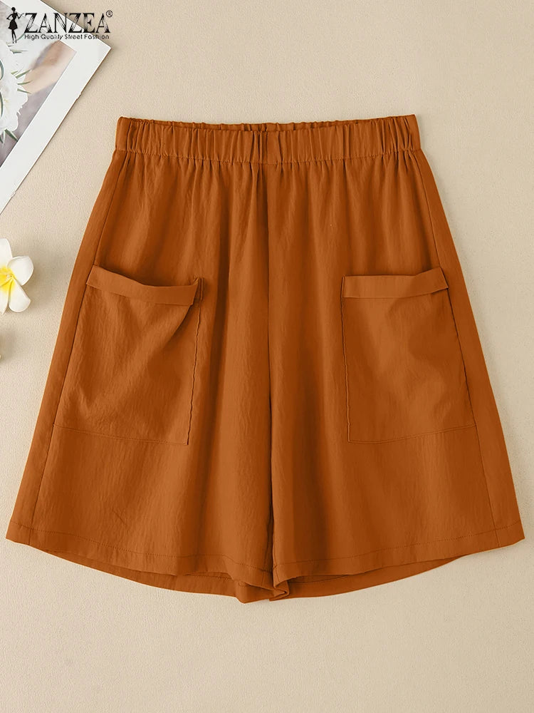 ZANZEA Vintage Summer Shorts Women Fashion High Elastic Waist Pantalons Pockets Solid Color Wide Leg Pants Casual Loose Shorts