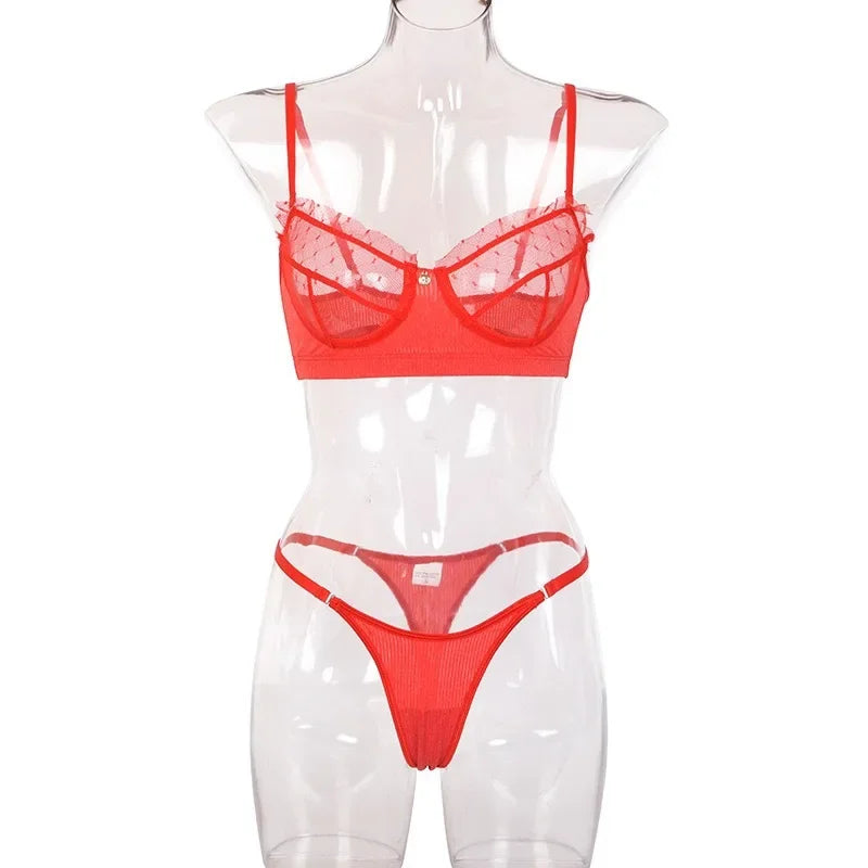 Ruffle Mesh Lace Lingerie 2 Piece Women Underwear Set Transparent Bras Panty Brief Sets White Sexy Lingerie Seamless Bra Set