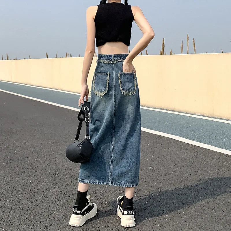 Fashionable Denim Skirt For Women High-waisted A- line Hip Covering Long Dress Casual Style Perfect For Summer 2024