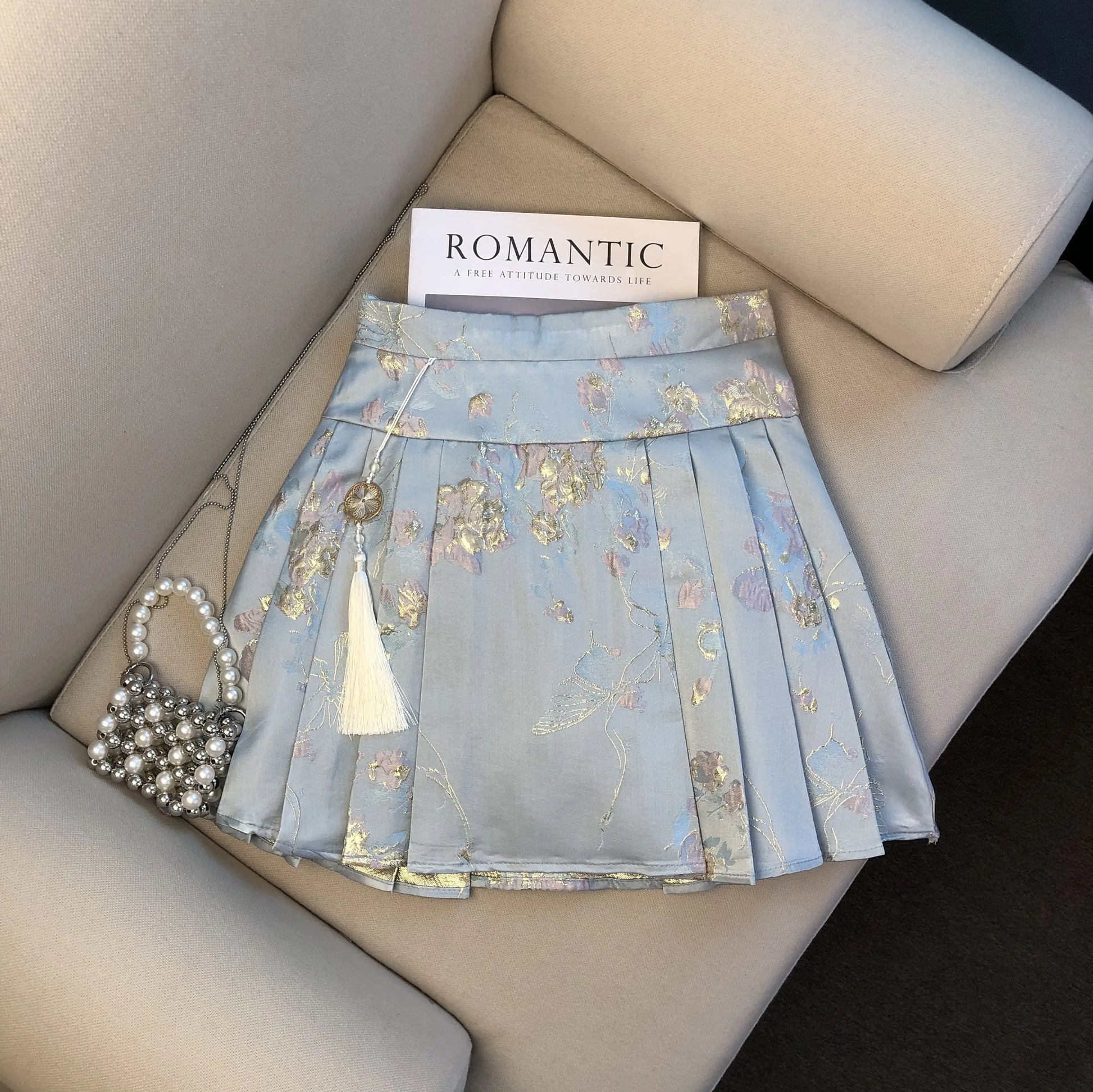 Summer New Chinese Style Satin Jacquard Horse-Face Pleated Mini Skirts Sweet Cute Girl High Waist Short Skirt for Women