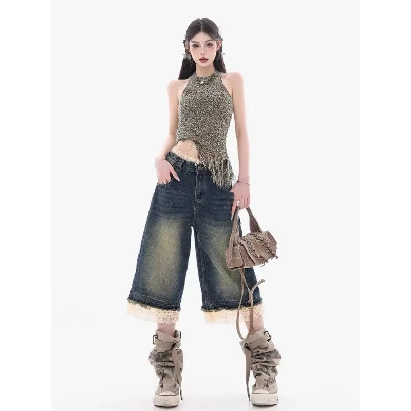 Summer Y2k Oversized High Street Spicy Girl Loose Wide Leg Cropped Pants Trendy American Washed Retro Sexy Lace Patchwork Jeans