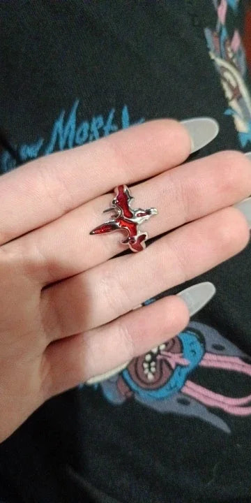 Goth Punk Retro Red Crystal Love Heart Cross Geometry Irregular Open Ring Set Y2K Halloween Accessories For Women Kpop Jewelry