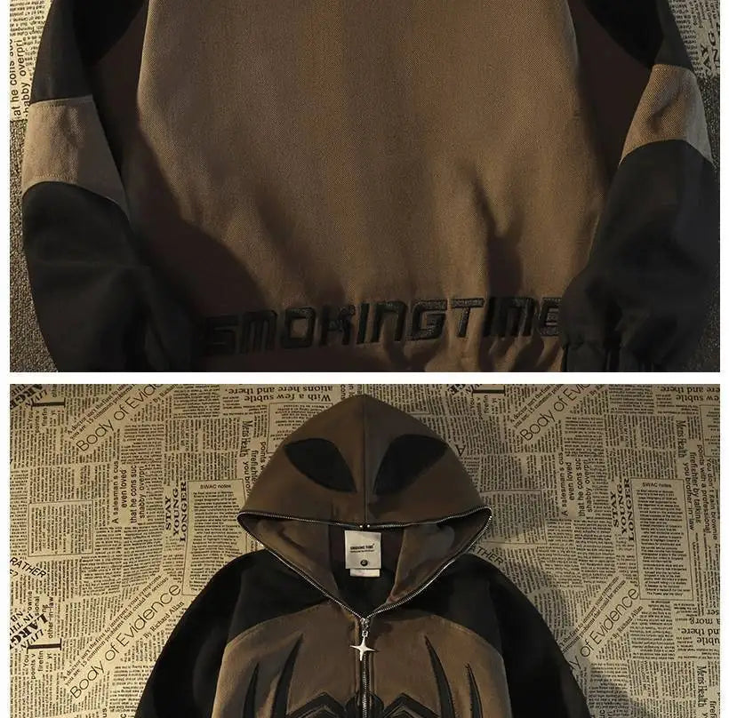 American High Street Spider Man Off Shoulder Sweatshirt Men and Women Retro Loose Oversized 150kg Couple Hooded Cardigan