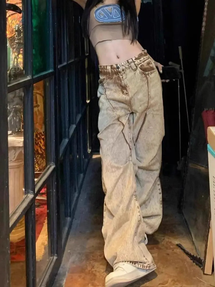 American Khaki Desert Fengshui Wash Jeans Retro Pleated Design Loose Fashion Street Hot Girl Casual High Waist Wide Leg Jeans