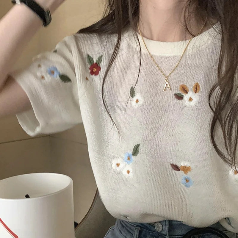 Trendy Ice Silk Knitted Top Women's Embroidery Short Sleeves Heavy Duty Crew Neck Top Niche Design Sensibility