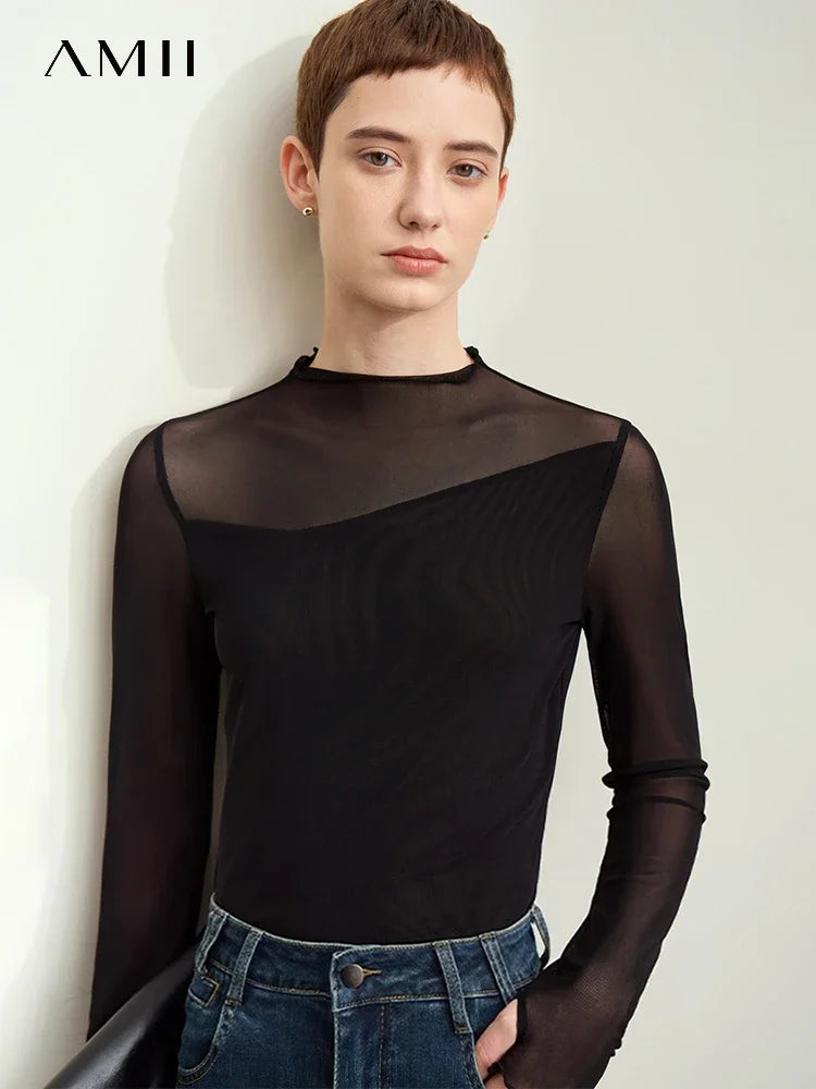 Amii Minimalism Mesh T-shirts For Women 2025 Spring New Office Lady Half-high Neck Micro Perspective Slim Retro Shirt 12423055