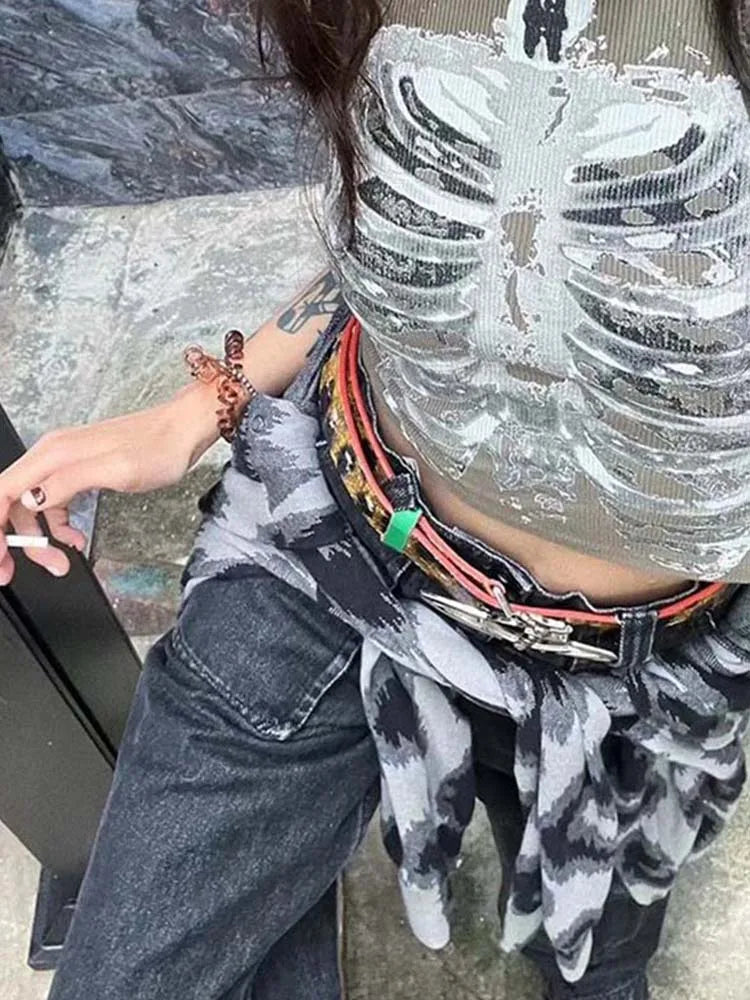 Punk Aesthetic Cyber Retro X-ray Skeleton Print Rib Sleeveless Vest ArmyGreen Crop Top Designer Clothes Women 2023 Summer Emo