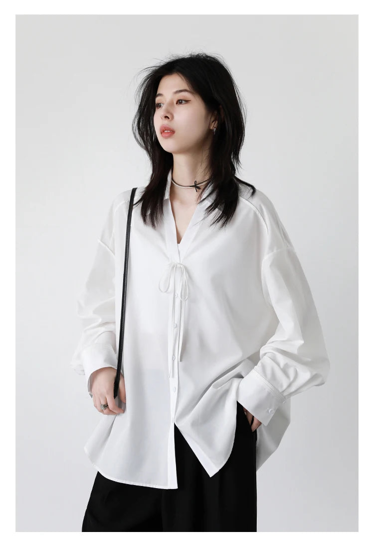 CHIC VEN Women Shirt Loose Casual Solid New Lapel Tie Design Sun Protection Blouses Long Sleeved Female Coat Summer 2025