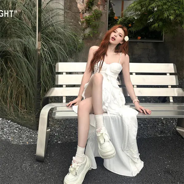 2025 Elegant Ruffle Hem High Low Dress Womens Sleeveless Spaghetti Strap White Gothic Vintage Fairycore Aesthetic Midi Dress