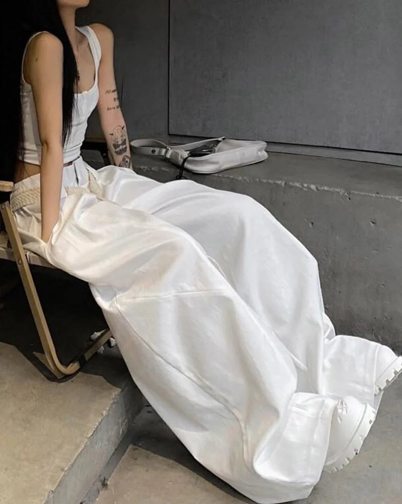 Y2K Casual Wide Leg Pants Women American High Street Fashion Sweatpants White Loose All Match Pleated Trousers Female New