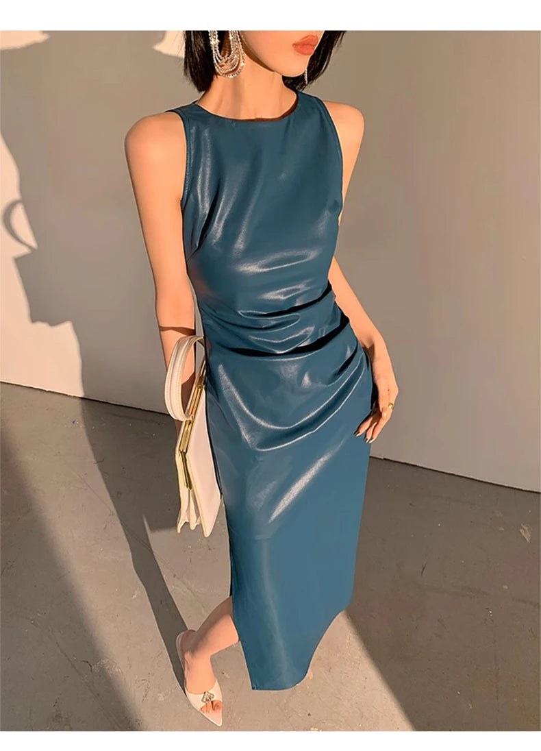 Lautaro Spring Autumn Sleeveless Backless Black Stretchy Blue Soft Faux Leather Midi Tank Dress Women Slim Fit Long Dresses 2023