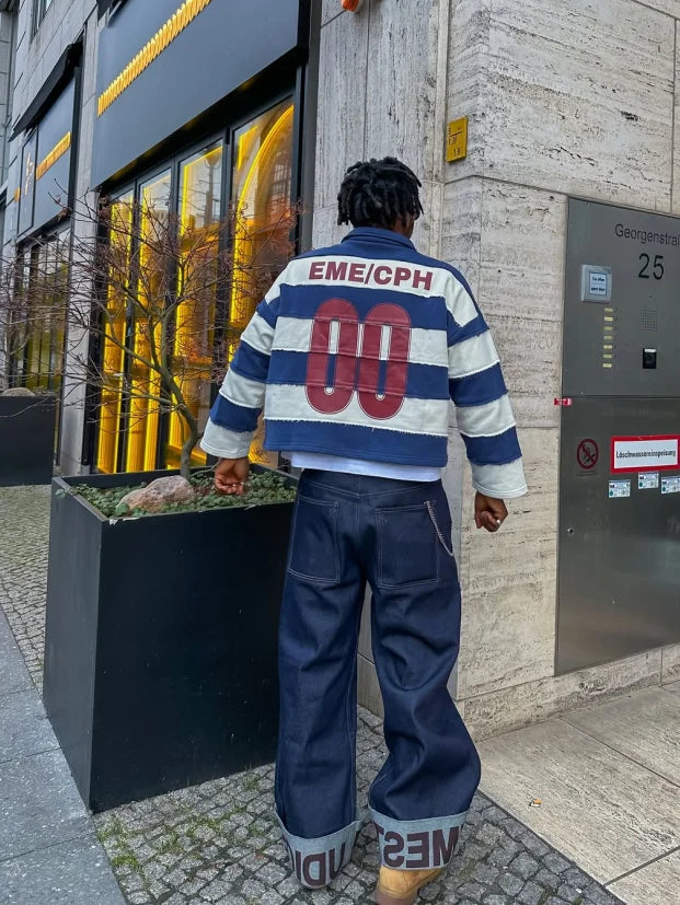 American blue and white striped campus style Polo shirt men's spring simple loose lapel casual long-sleeved T-shirt sweatshirt