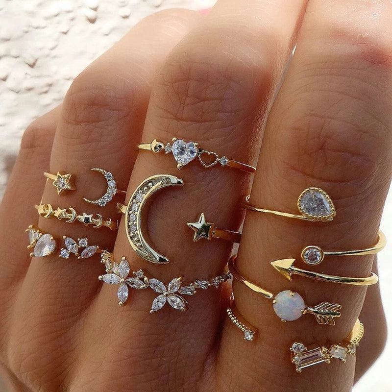 Vintage Shiny Zircon Butterfly Heart Ring Set Gold Color Boho Elegant Eyes Moon Geometric Rings Women Party Jewelry