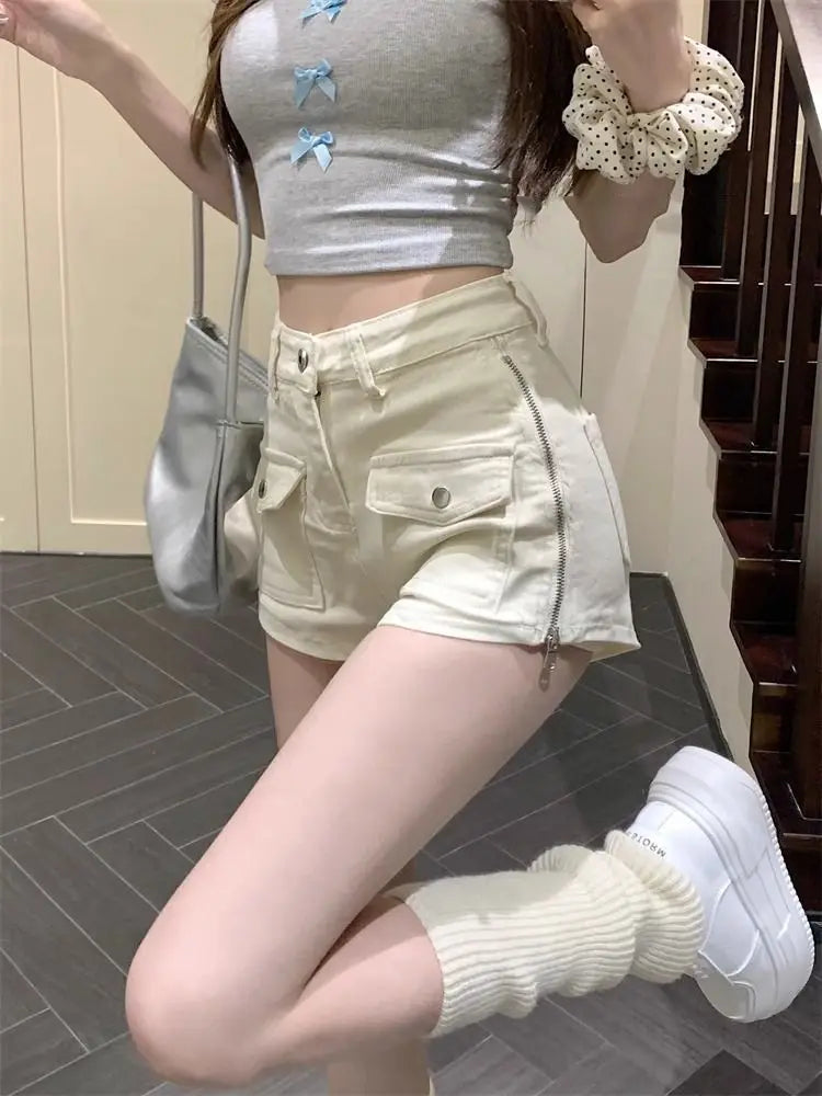 Sexy Hottie Slim Denim Shorts Women Summer Simplicity Office Lady Solid Color Cargo Fashion High Waist Appear Thin Wide Leg