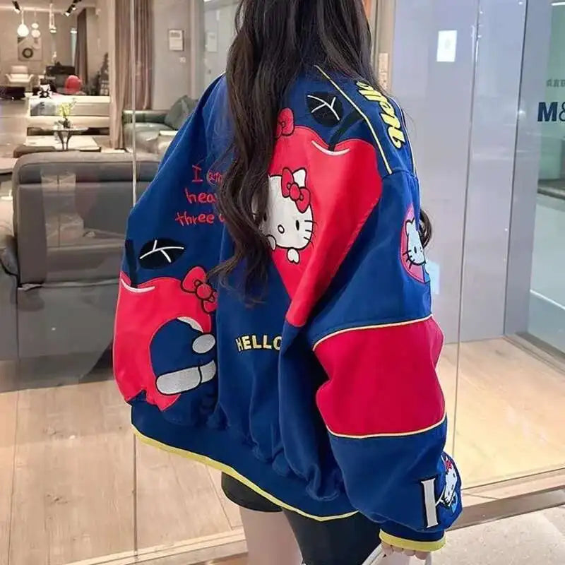 Cartoon Hellokitty Y2k Baseball Jacket Button American Retro Coats Embroidery KT Cat Harajuku Jacket Women Oversized Coat
