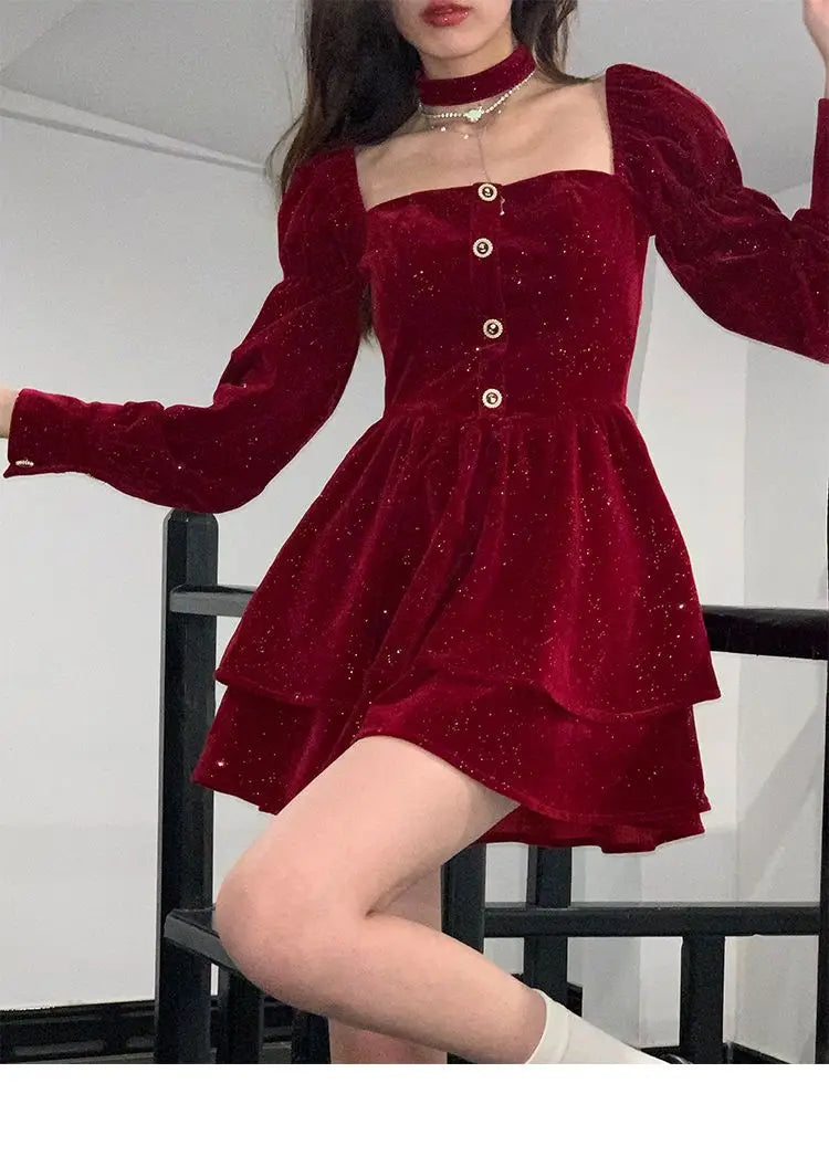 Women's Slim Fit A-line Velvet Dress, Christmas Clothes, Square Collar, Long-sleeved, Red, Sweet, Hot Girl, Autumn Winter