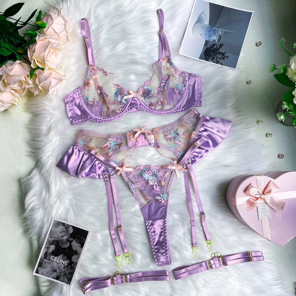 Sexy Lingerie Set Women Ruffle Embroidery Push Up Bra Sheer Thongs Garter Belt 4-Piece Erotic Underwear Transparent Outfits