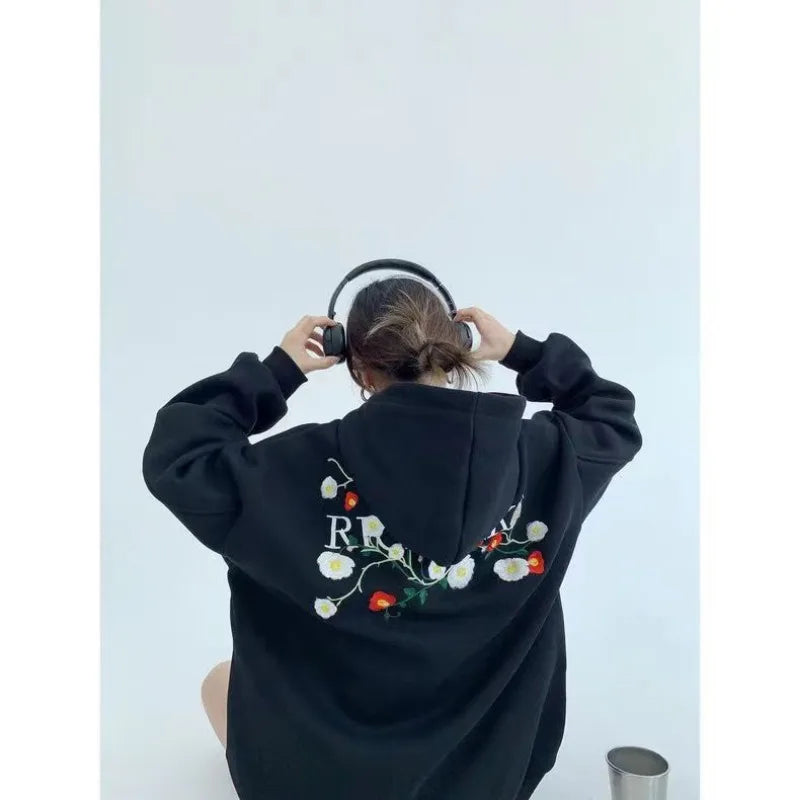 Hikigawa Chic Fashion Floral Embroidery Hoodies Women Coats Autumn Casual Loose All Match Hooded Pullover Outerwear Tops Mujer