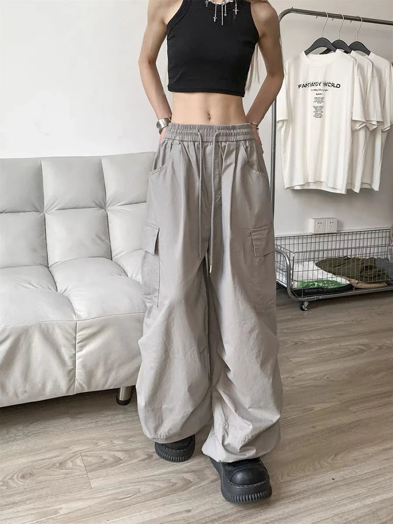 Zoki Loose Vintage Y2K Cargo Pants Women Streetwear American High Waist Trousers Casual Big Pockets Bf Retro Harajuku Pants New