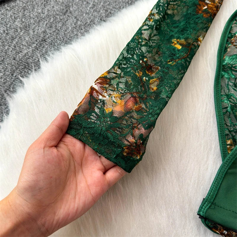 Women's Green Lace Jumpsuits Vintage Skinny Playsuits Harajuku Long Sleeve Square Collar Exotic Sexy Rompers Coquette Clothes