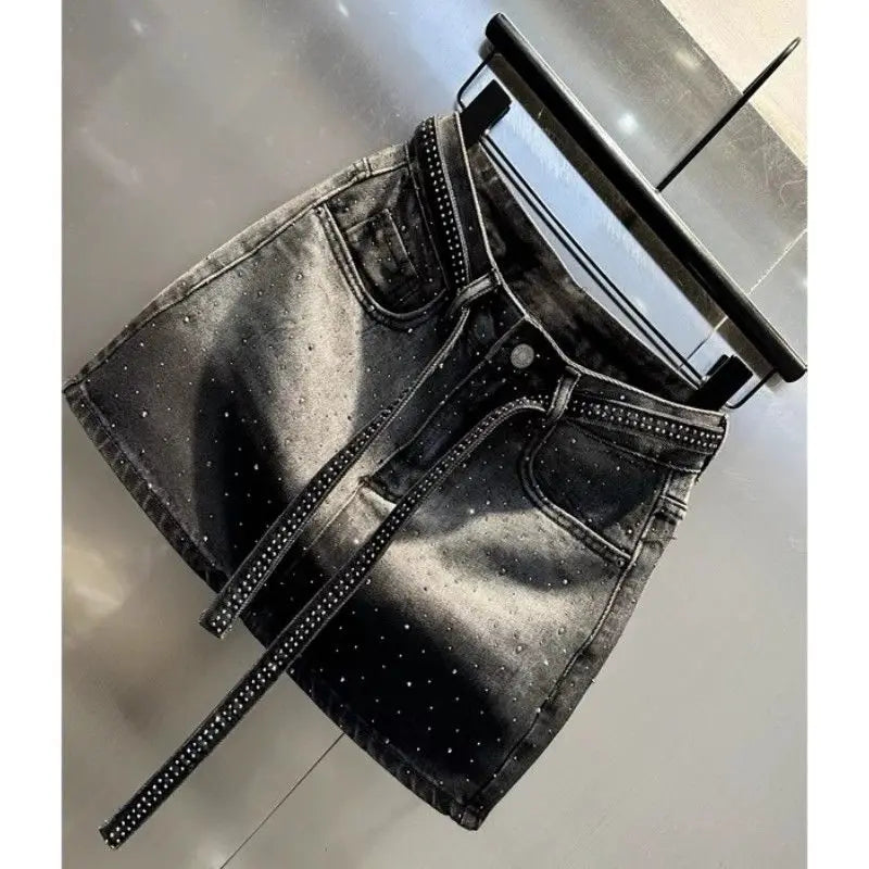 Diamonds Vintage Denim Short Skirt 2025 Summer New High Waist Fashion High Waist A-line Skirt Women Clothes Trend Sexy Skirts