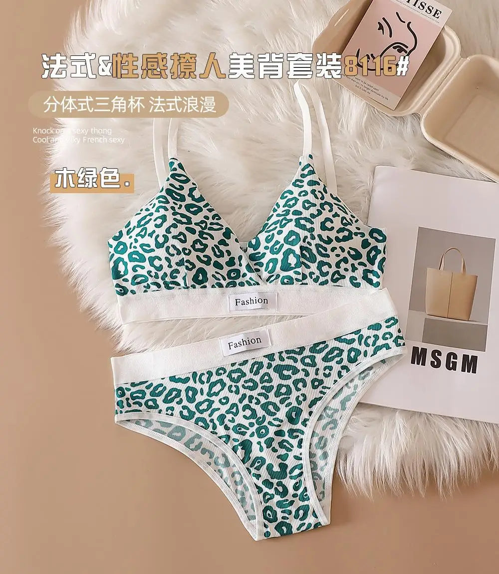 Bra Set Euro-American Sexy Leopard Print Seamless Steel Ring Bra French Adjustable Shoulder Straps Beautiful Back Underwear Set