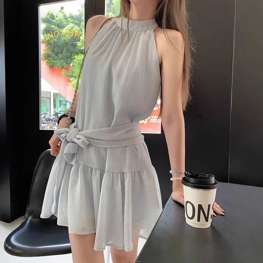 French Style Off-Shoulder Blue Summer Dress Women's Fashion Knot Waist A- Line Mini Skirt Black Short Skirt Sleeveless Gown