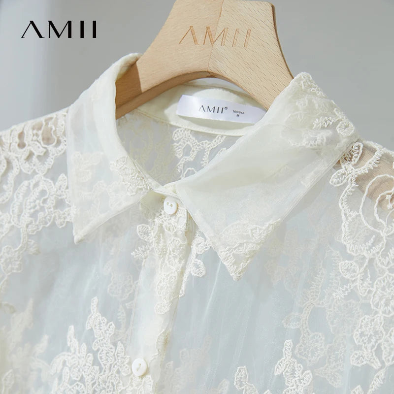 AMII Minimalist Office Lady Print Shirts Women Summer 2025 Short Sleeve Turn-down Collar Loose Blouses Female Fashion 12542155
