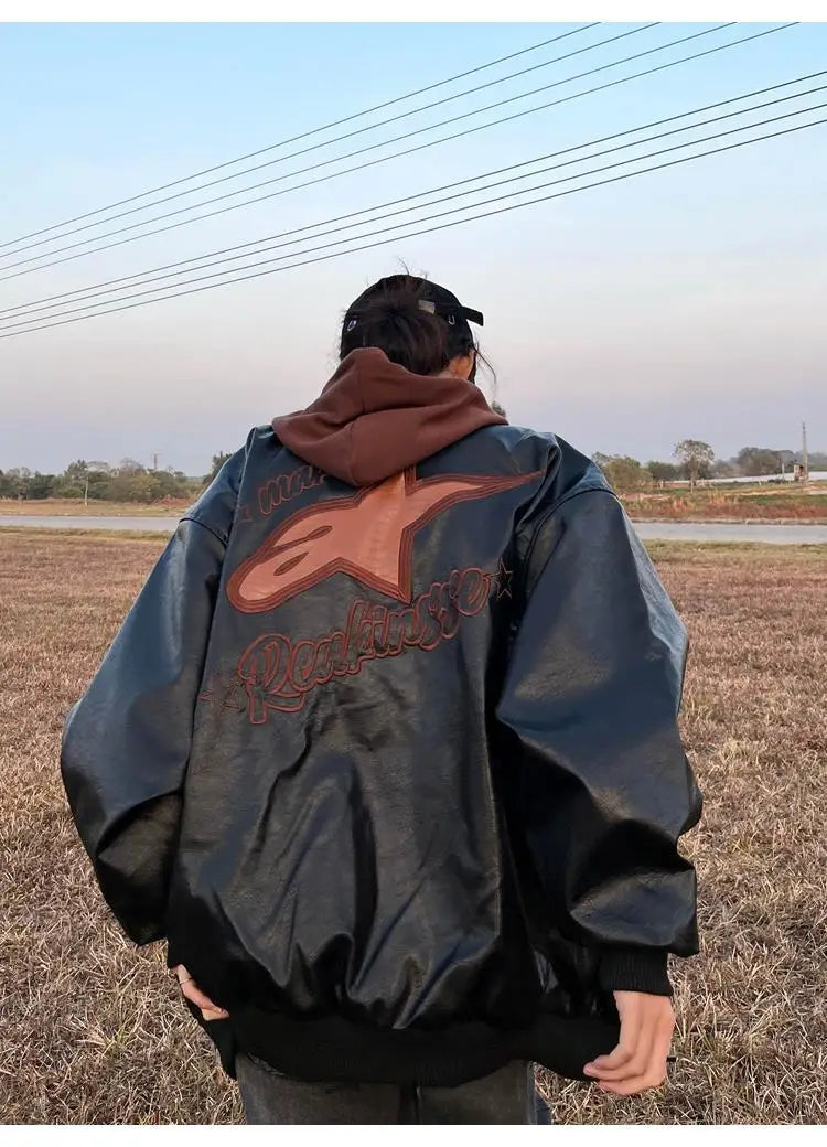 American retro letter embroidery leather Jacket Coat women's Y2K street hip-hop trend baseball suit couple casual leather jacket