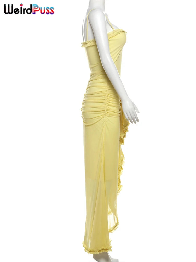 Weird Puss Ruffles Bandage Dress Women Sexy Backless Sleeveless Tassel Lace-Neck See Through Slits Hem Prom Party Long Bodycon