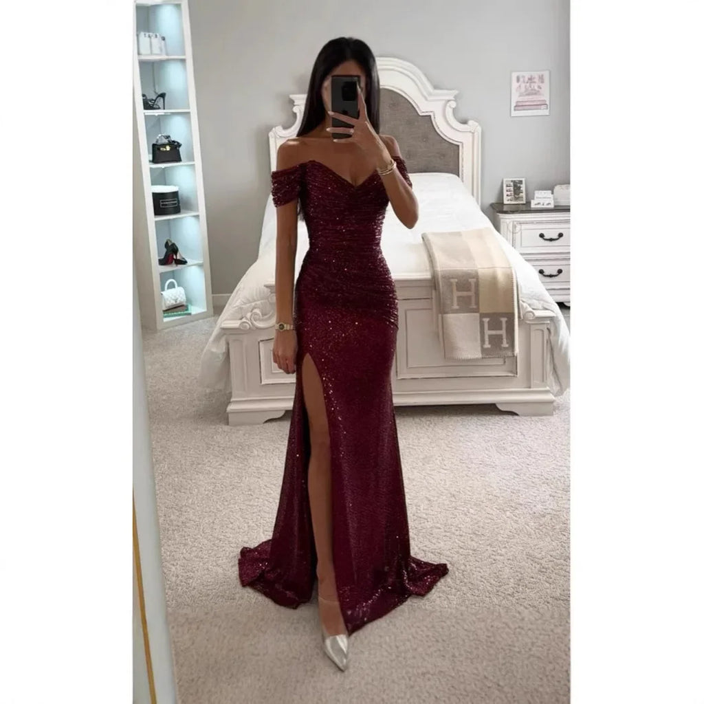 Sexy Side Slit Ballgown Shiny Sequins Women's Dress Independent Station Polyester Borderless Flashing Lightweight Fashion