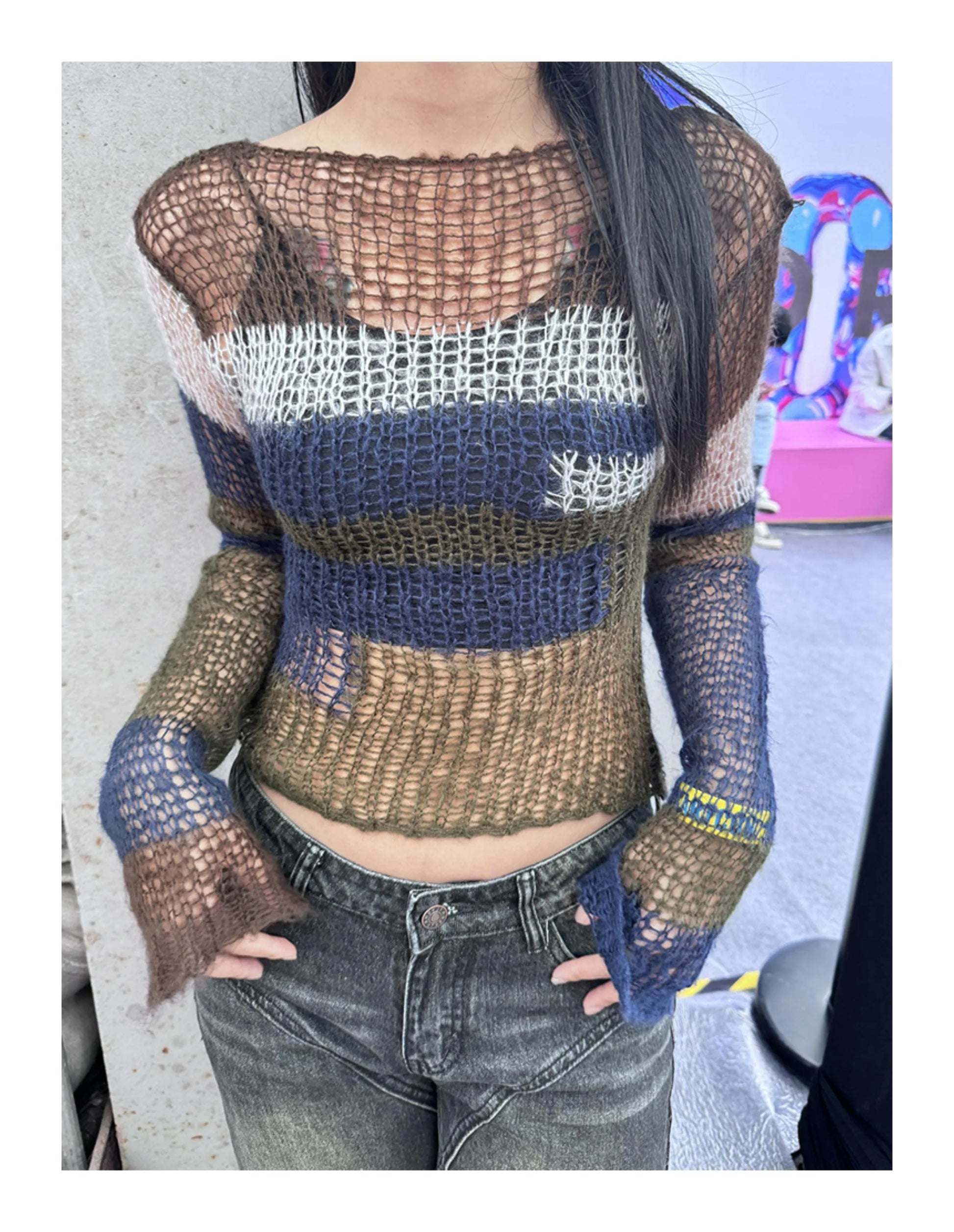 Karrram Y2k Aesthetics Crop Knit Tops Vintage Grunge Hollow Out Jumpers Japanese 2000s Hole Pullover Korean Dongdaemun Knitwear