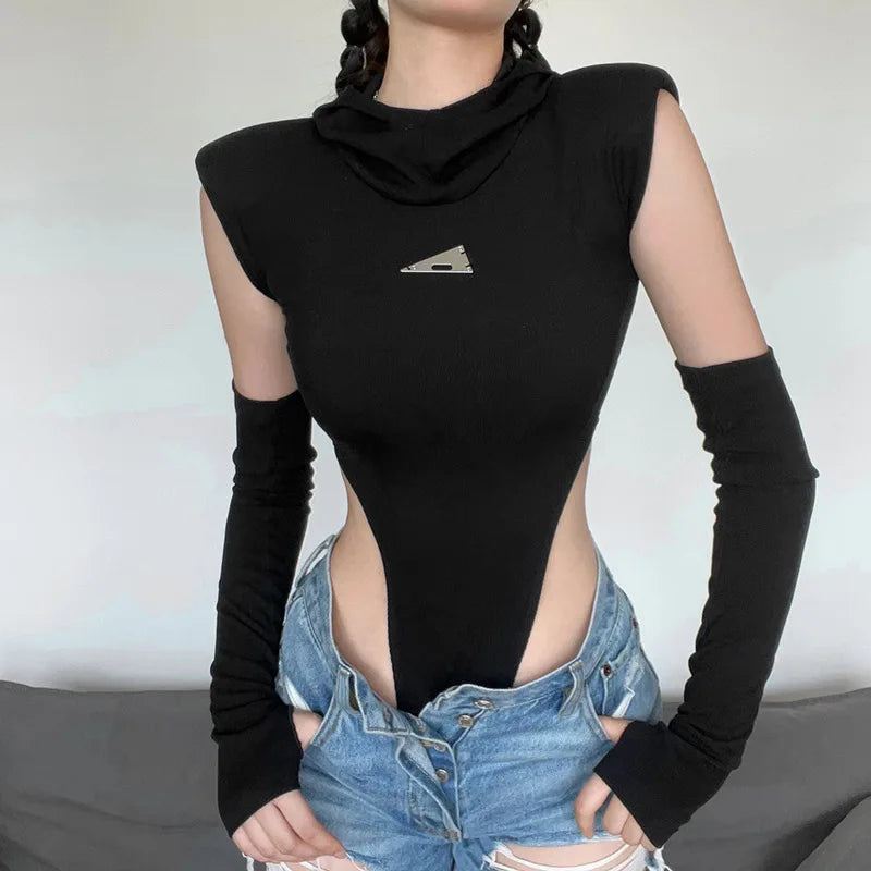 Fashion Solid Color Hooded Bodysuit One Piece Sexy Round Neck Sleeveless Lingerie Sexy Casual Slim Streetwear Festival Outfit