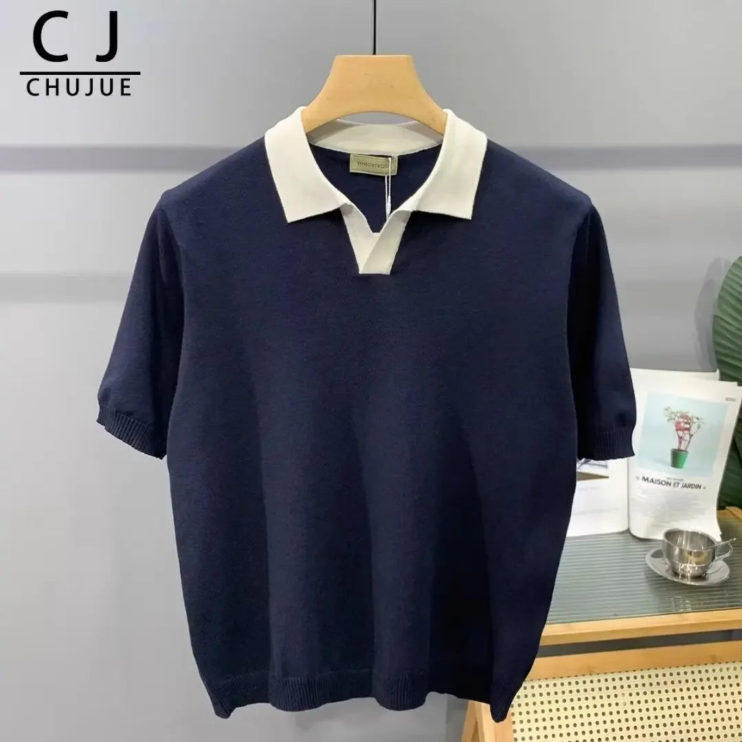Summer Fashion Korean Style Loose Fit Color Blocking Lapel Knit Polo Shirt Men's Sleeves T-shirt Trendy Half Sleeve Body T-shirt
