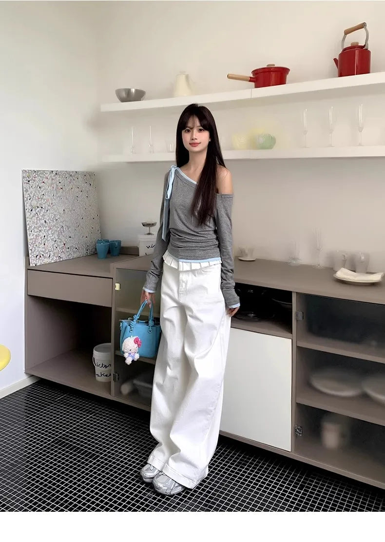 Casual Patchwork Pleated Wide Leg Pants Loose Solid High-Waisted Straight Pants Women Fashion Streetwear Lady Jeans