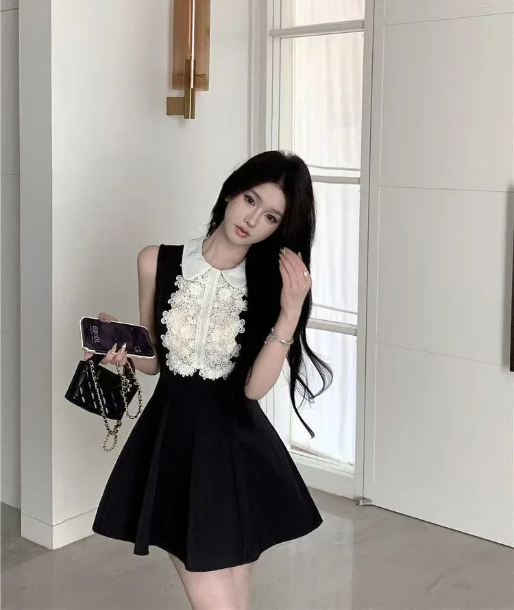 French Style Lace Doll Collar Vest Dress Women Summer Mini Skirt Waist Cinching Sleeveless Black Dress Polo Neckline Polyester F