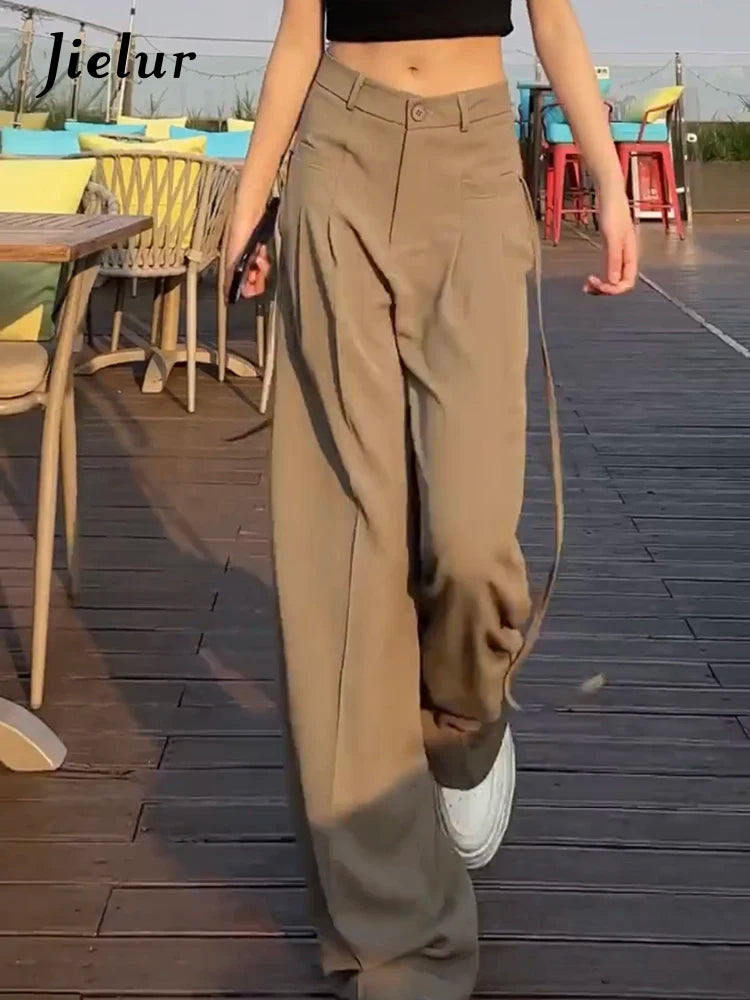 Jielur Lace-up High Waist Straight Women Suit Pants Summer Slim Loose Full Length Female Wide Leg Pants Casual Chic Office Lady