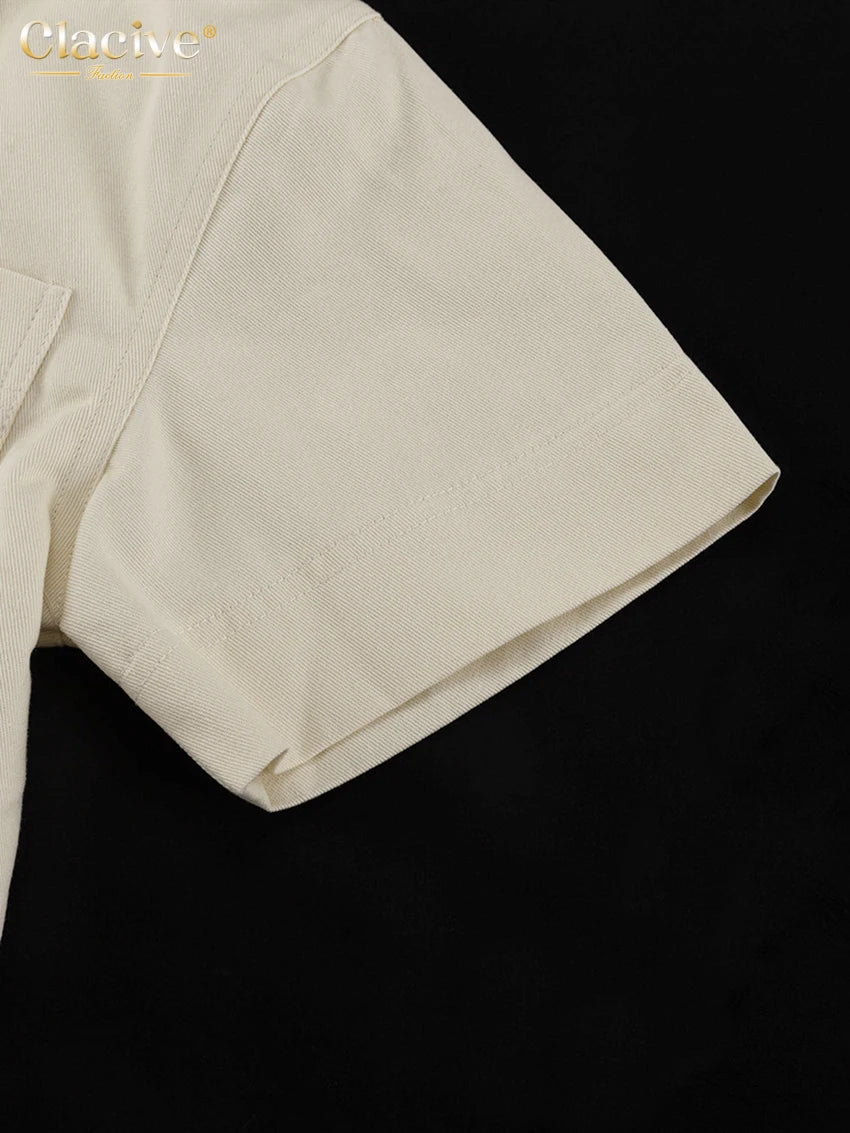 Clacive Fashion Loose Beige Cotton Women's Two Pieces Set Summer Short Sleeve Shirt With High Waist Shorts Set Female Clothing