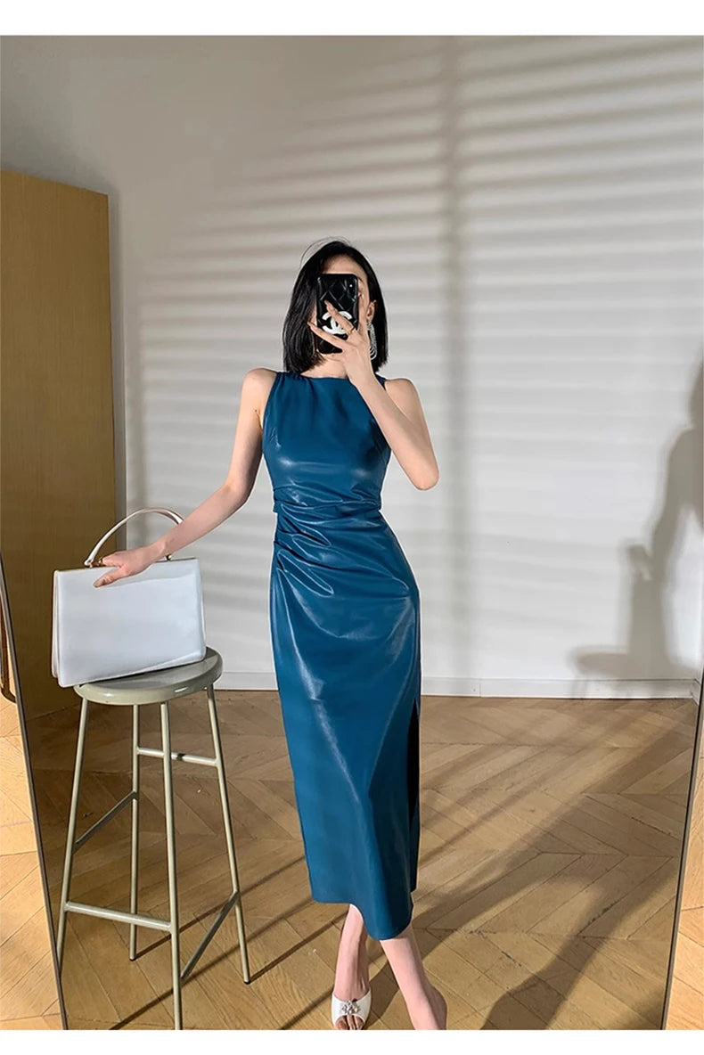 Lautaro Spring Autumn Sleeveless Backless Black Stretchy Blue Soft Faux Leather Midi Tank Dress Women Slim Fit Long Dresses 2023