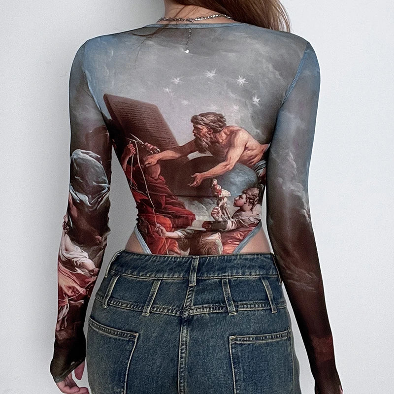 Rockmore  Vintage Printed Mesh Bodysuits Women Lace Bow Square Neck High Waist Wrapping Long Sleeve Bodysuit Halloween Christmas